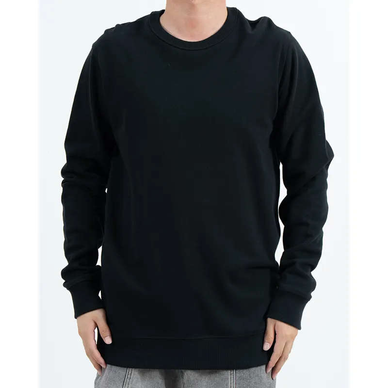 Baju Sweat Leher Krew Fit Biasa Hitam dengan Cuff Berusuk dan Labuh