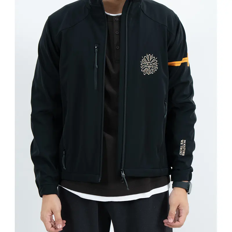 Jaket Kulit Keras Luar Kolar Pendirian Hitam dengan Jalur Lengan Kontras Jaket Kulit Keras Luar Kolar Pendirian Hitam dengan Jalur Lengan Kontras