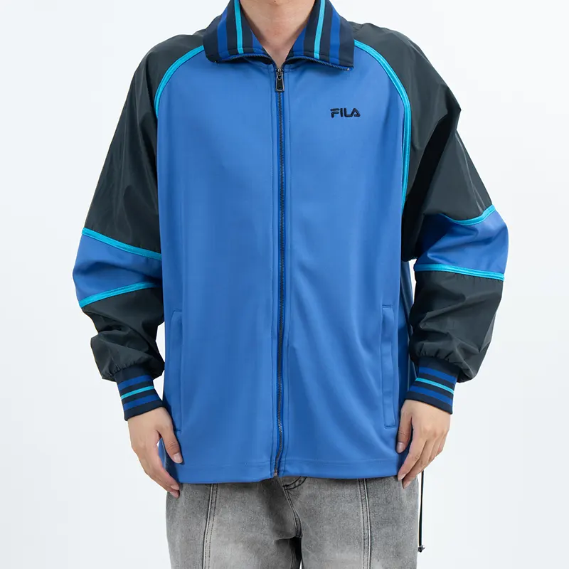 Jaket Kulit Keras Luaran Blok Warna Biru dengan Kolar dan Cuff Berjalur