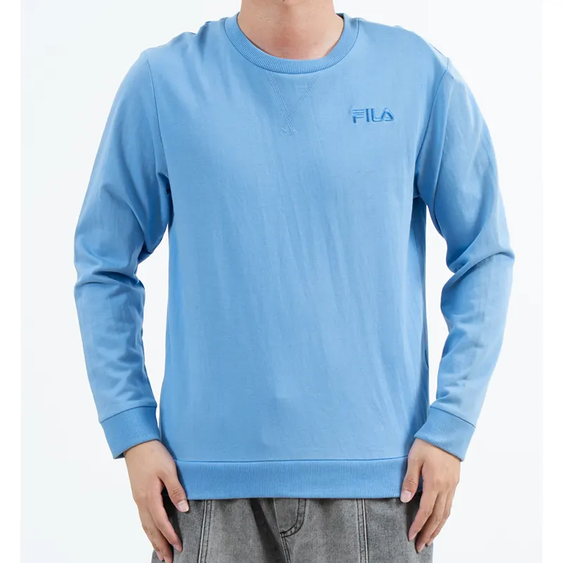 Baju Sweat Leher Krew Biru dengan Logo Dada Tonal dan Trim Berusuk