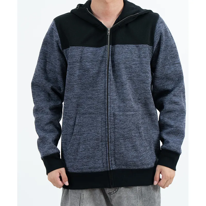 Hoodie Zip-Up Biru Kelabu dengan Panel Bahu Hitam