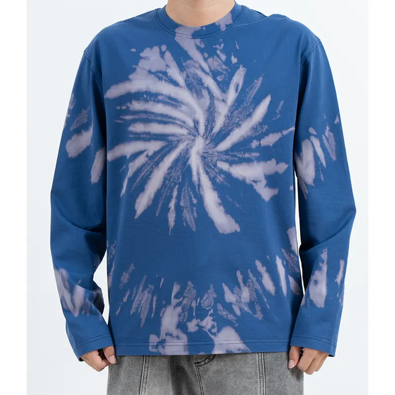 T-Shirt Lengan Panjang Biru dengan Kesan Spiral Tie-Dye