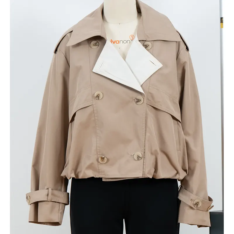 Jaket Parit Dua Payudara Terpotong dengan Lapel Kontras Jaket Parit Dua Payudara Terpotong dengan Lapel Kontras