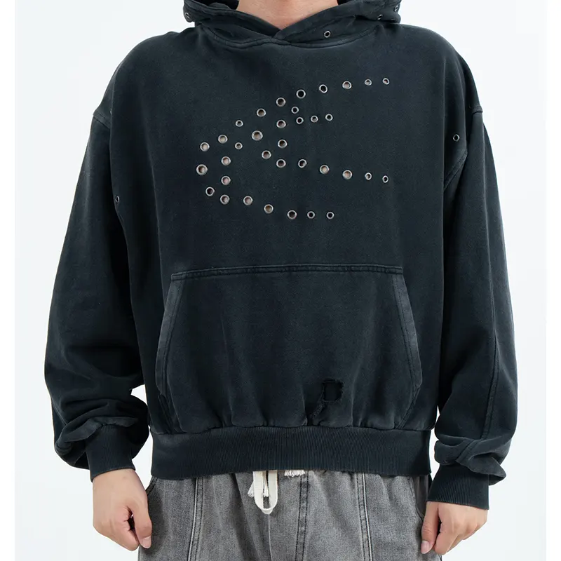 Hoodie Pullover Terpotong dengan Motif Eyelet dan Butiran Poket Tertekan