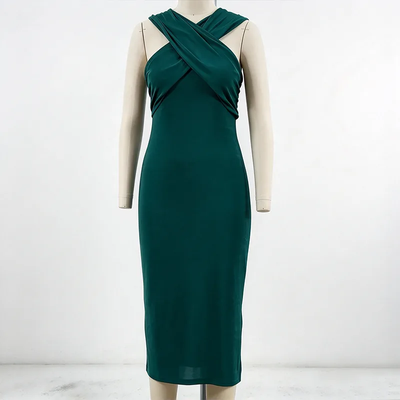 Pakaian Midi Bodycon Bersilang Leher dengan Bahagian Depan dan Celah Sisi Berbalut