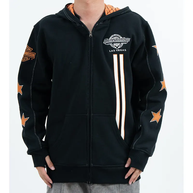 Hoodie Zip-Up Grafik dengan Karya Seni Eagle Back dan Lengan Bintang