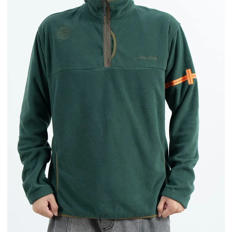 Pullover Fleece Suku-Zip Hijau dengan Jalur Lengan Kontras