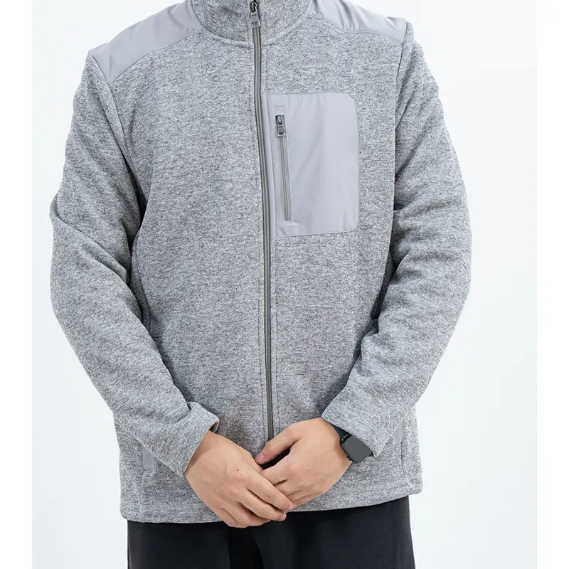 Jaket Zip Kolar Pendirian Kelabu dengan Panel Bahu dan Dada Licin Jaket Zip Kolar Pendirian Kelabu dengan Panel Bahu dan Dada Licin