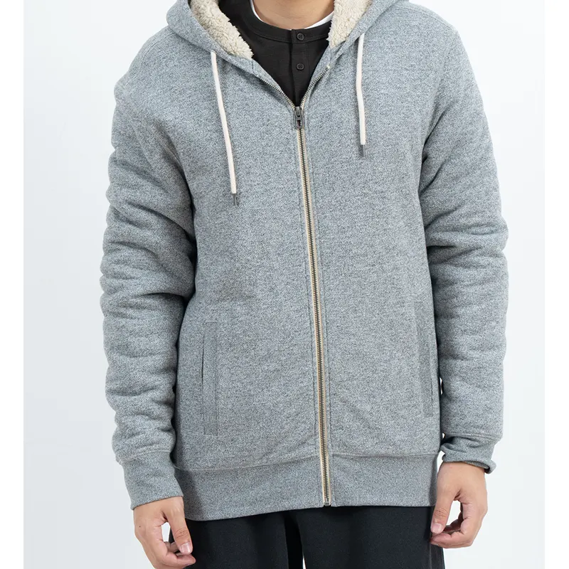 Hoodie Zip-Up Kelabu dengan Lapik Tudung Plush Krim