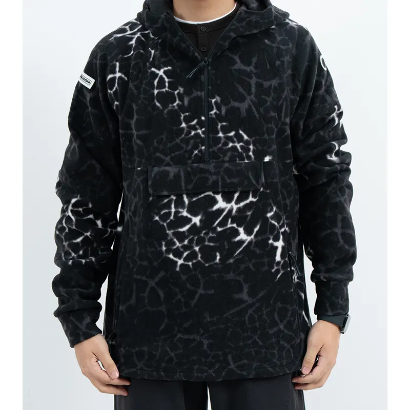 Pullover Fleece Bertudung dengan Corak Crackle dan Flap Poket Depan