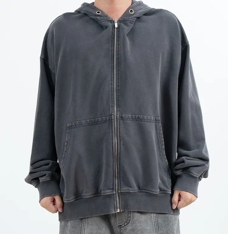 Oversized Charcoal Zip-Up Hoodie with Faded Appearance