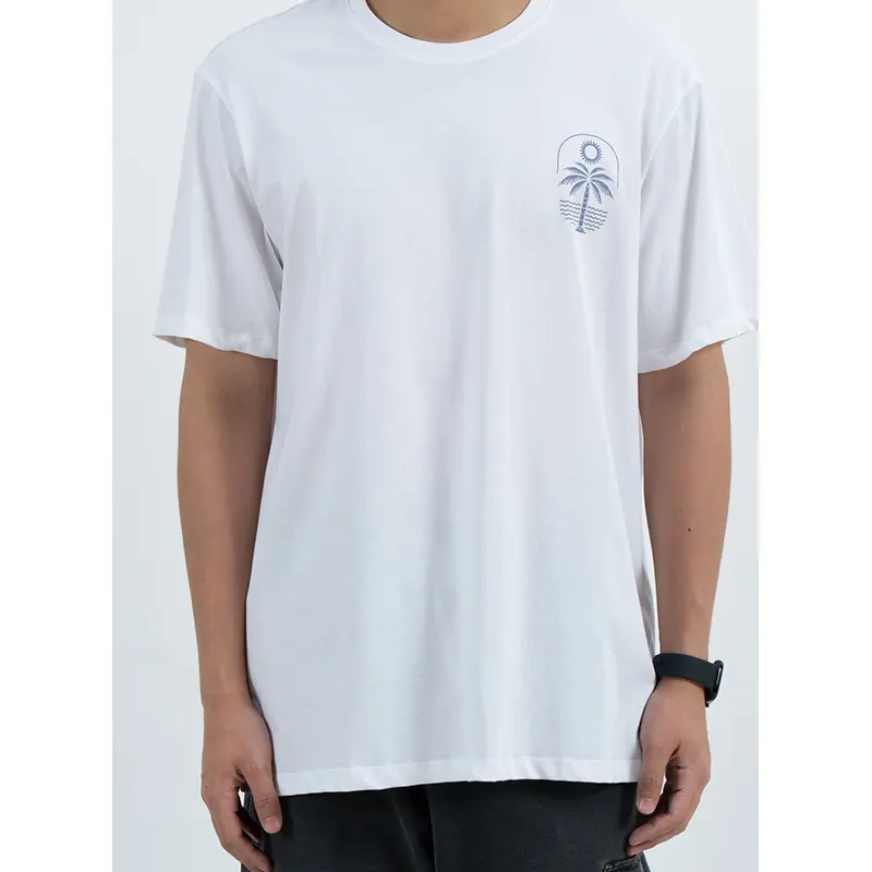T-Shirt Leher Krew Santai dengan Dada Pokok Palma dan Grafik Belakang