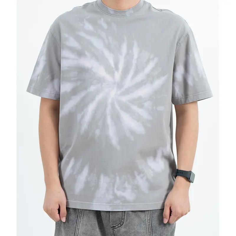 T-Shirt Leher Krew Kelabu Santai dengan Kesan Spiral Tie-Dye