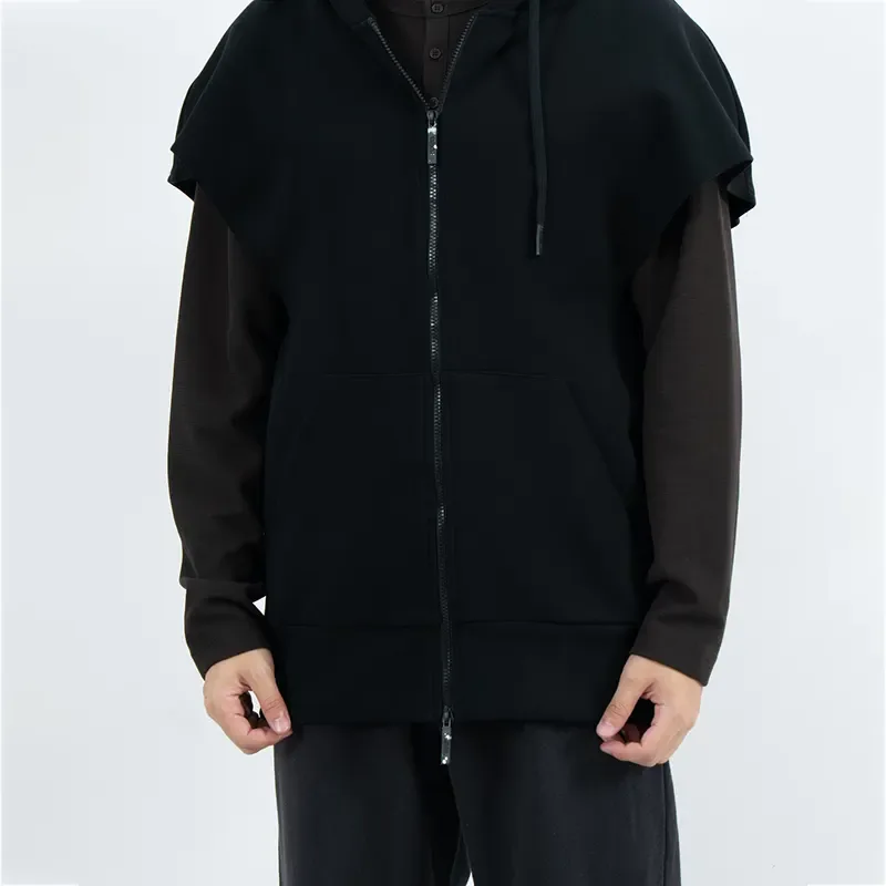 Hoodie Zip Tanpa Lengan dengan Bahu Dipanjangkan dan Poket Depan Terbelah