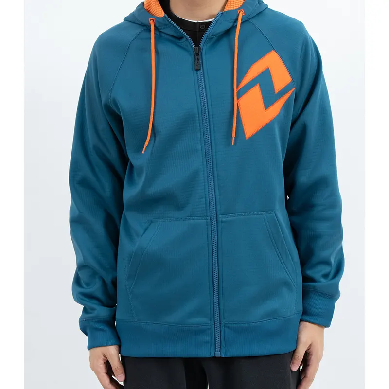 Hoodie Zip-Up Raglan Teal dengan Grafik Dada Jingga dan Tali Tali